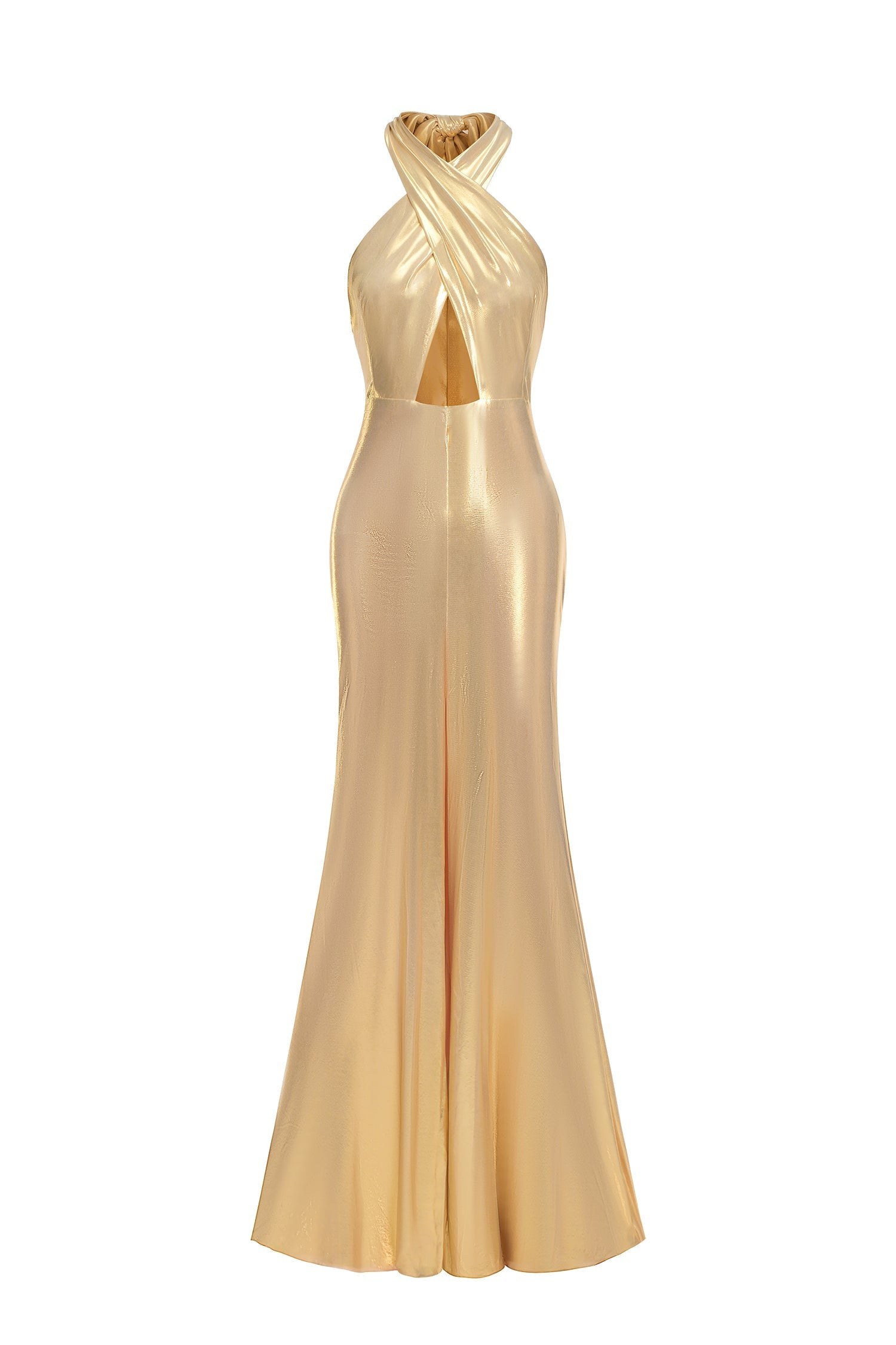 Marley Gold Lace-Up Plunging Neckline High Slit Evening Dress