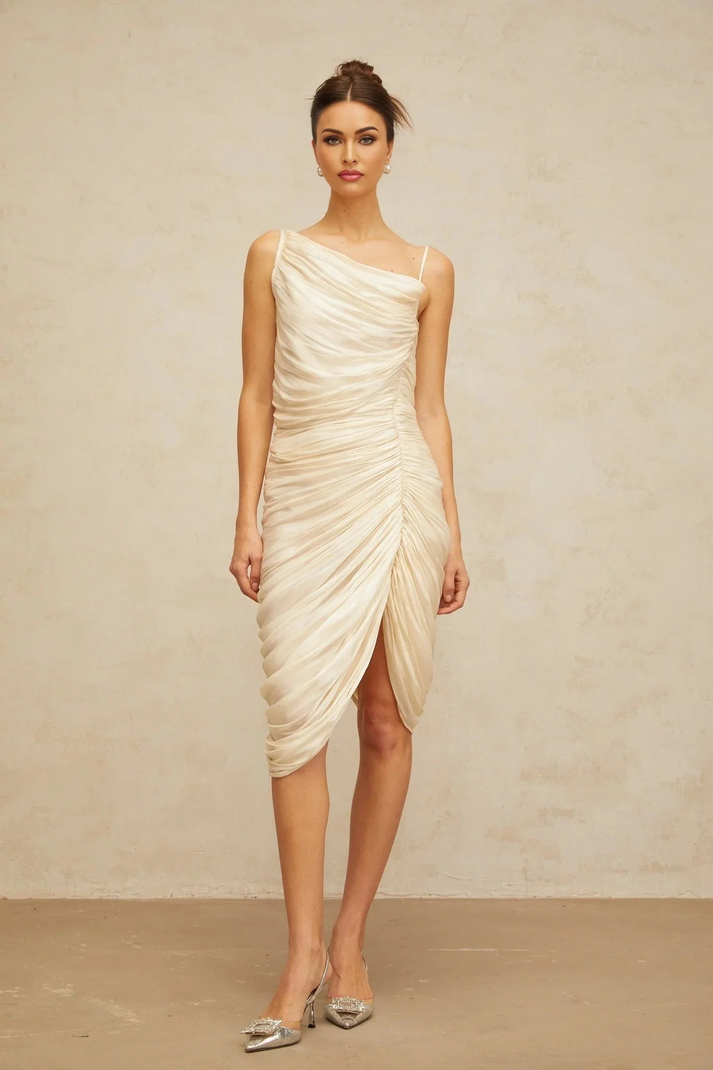 Marley Midi Dress Glossy Ruched Light - Yellow