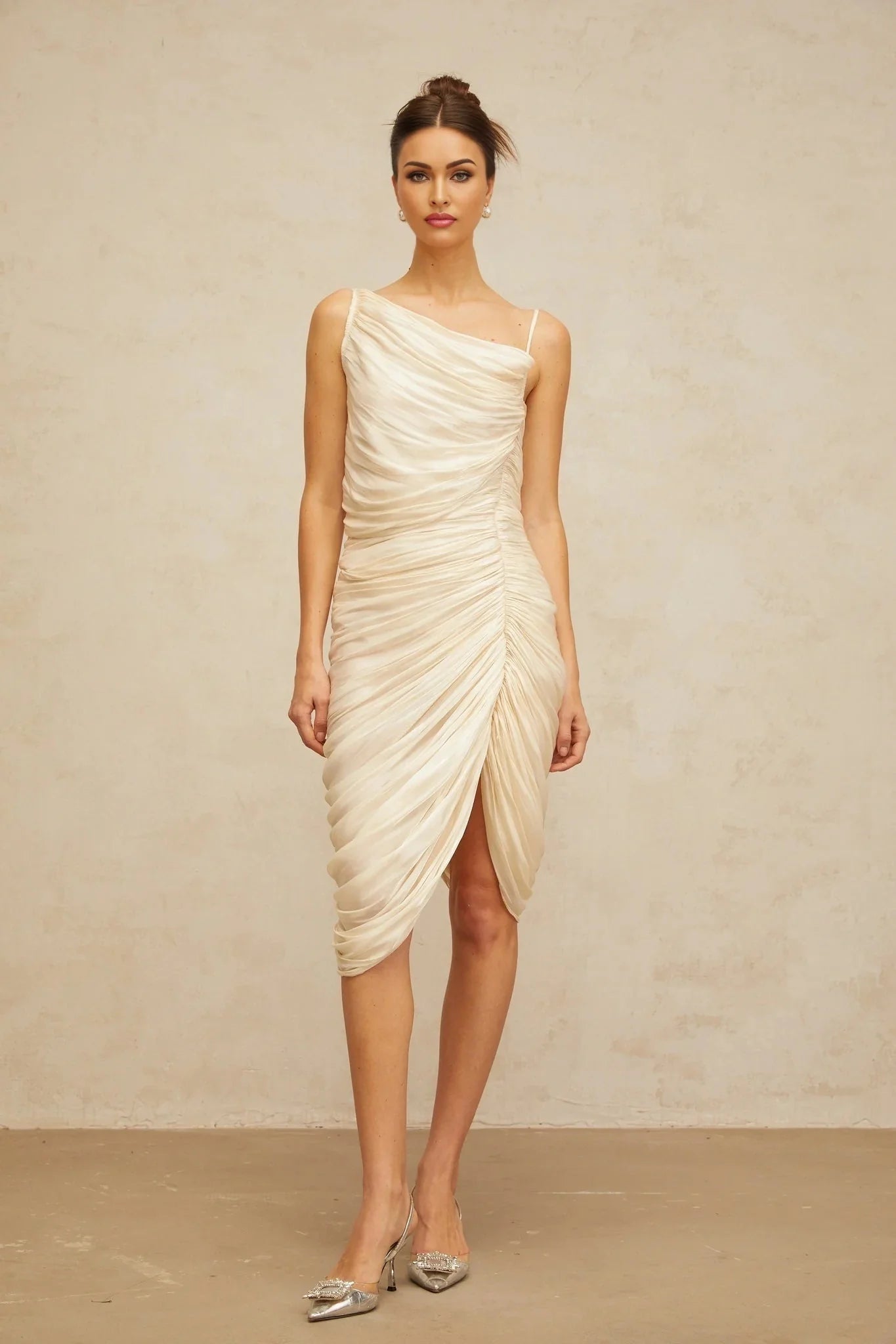 Marley Midi Dress Glossy Ruched Light - Yellow