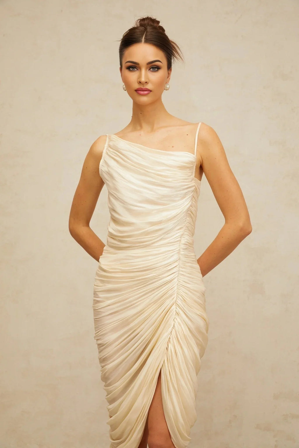 Marley Midi Dress Glossy Ruched Light - Yellow
