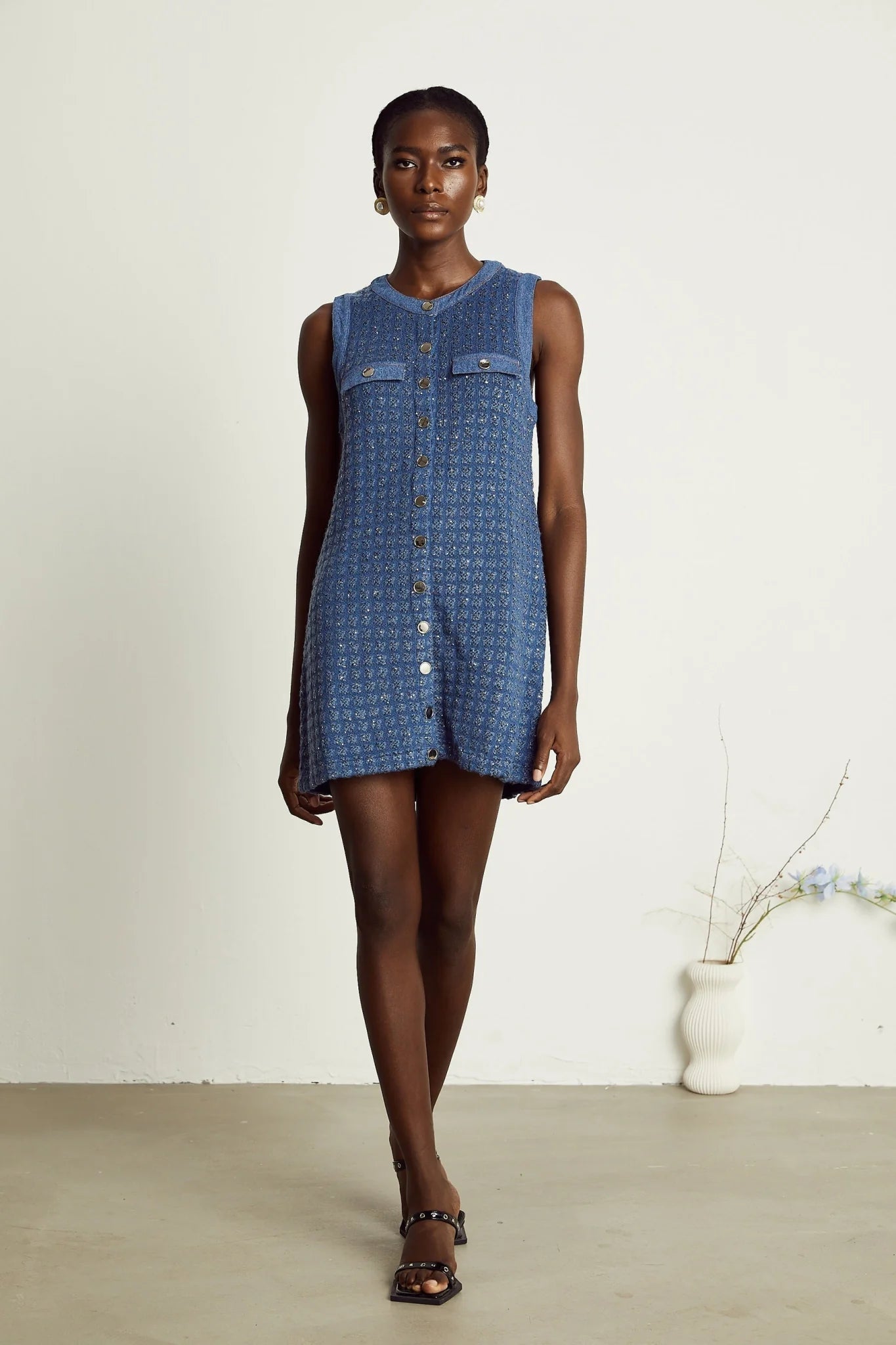 Marley Sequin Mini Dress Blue Sleeveless Glam Trendy Straight Silhouette