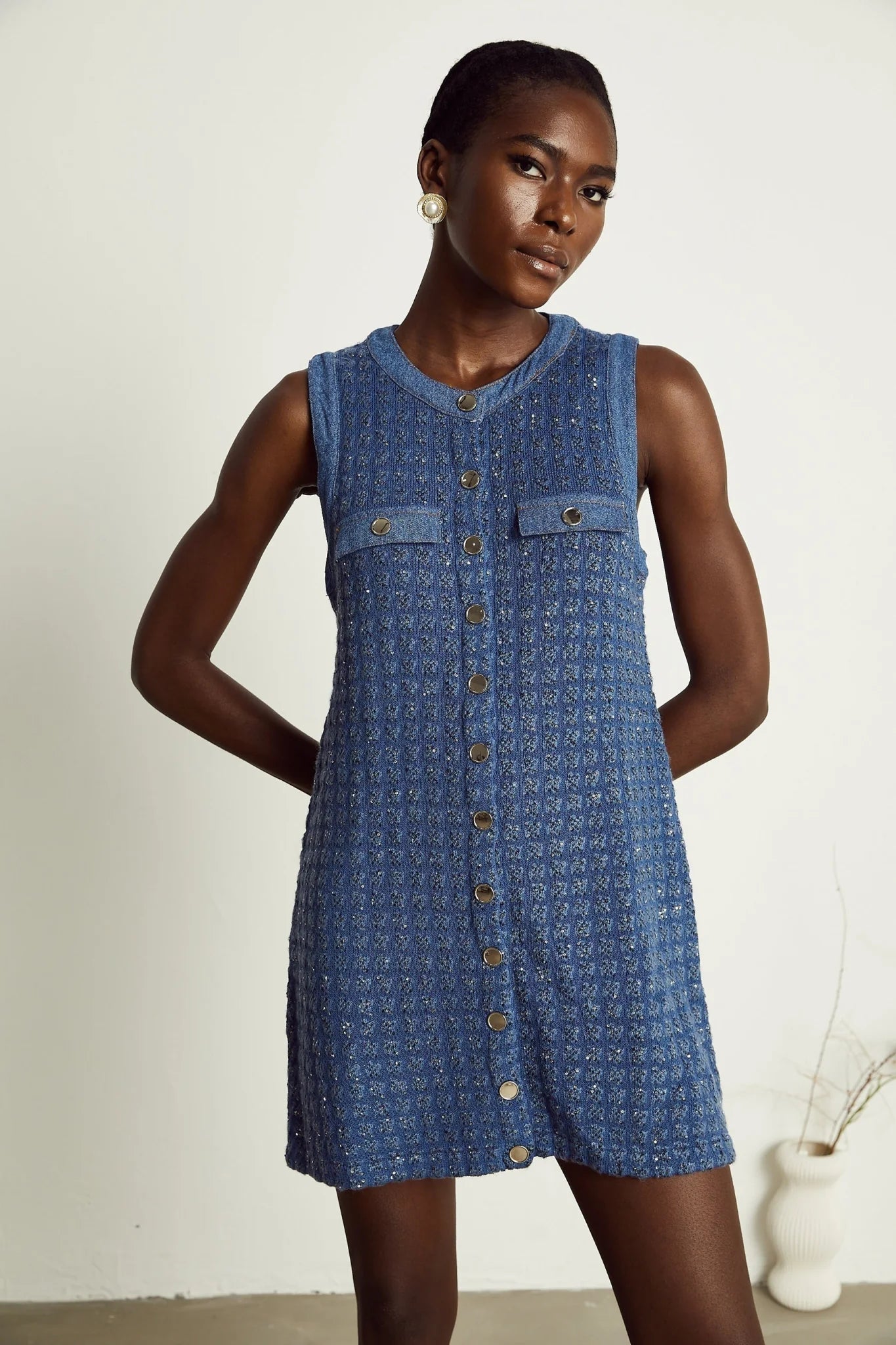 Marley Sequin Mini Dress Blue Sleeveless Glam Trendy Straight Silhouette