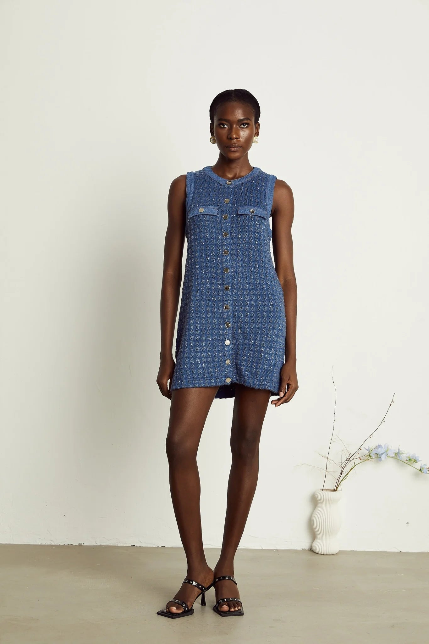 Marley Sequin Mini Dress Blue Sleeveless Glam Trendy Straight Silhouette