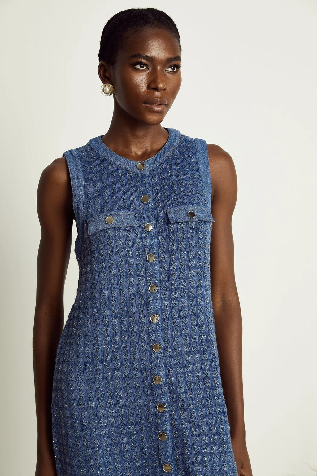 Marley Sequin Mini Dress - Round Neck - Sleeveless Design - Sequin Detailing - Faux Pocket Detail