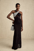 Marta Maxi Dress in Black - Asymmetrical Crossover Style with Lace Overlay & Crystal Embellishments