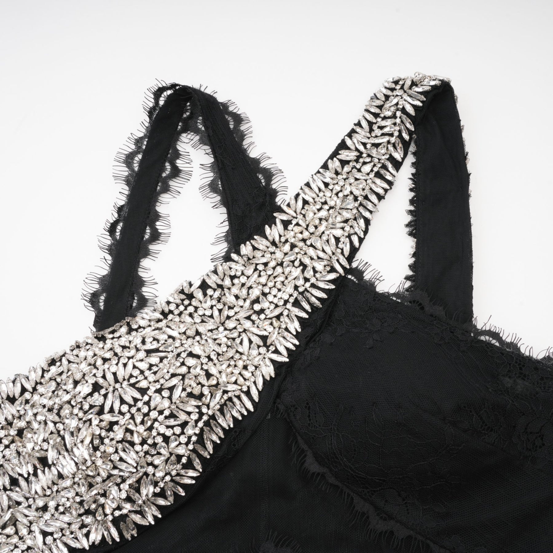 Marta Maxi Dress in Black - Asymmetrical Crossover Style with Lace Overlay & Crystal Embellishments