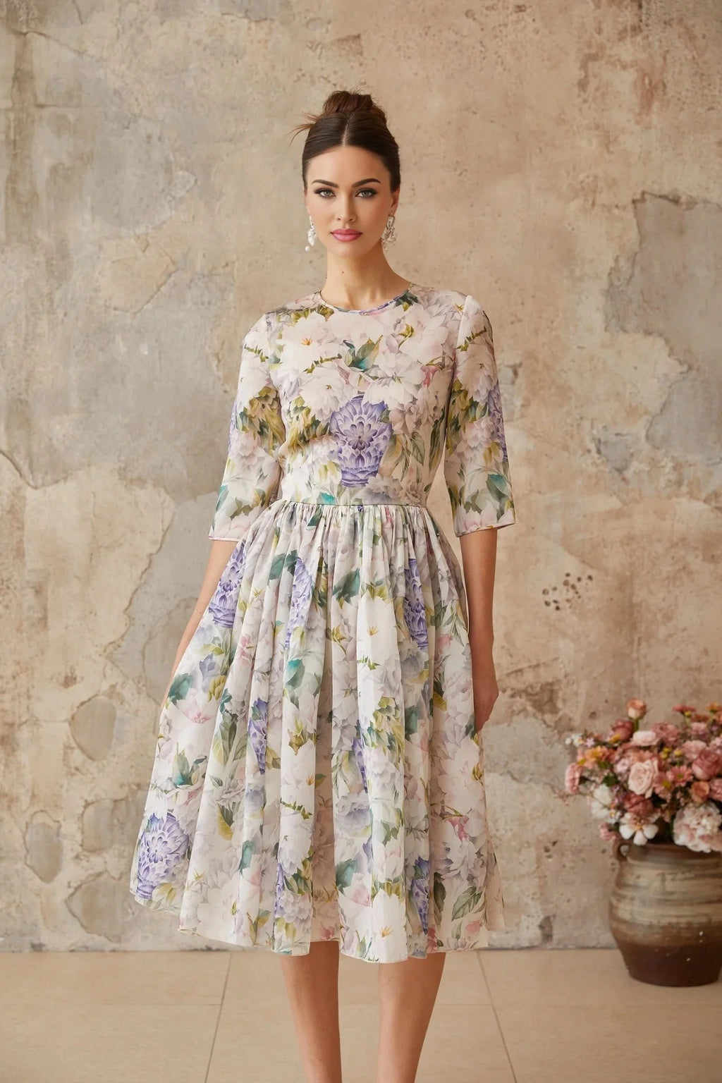 Marta Midi Dress Floral Print Shirred Flounce Hem Calf Length