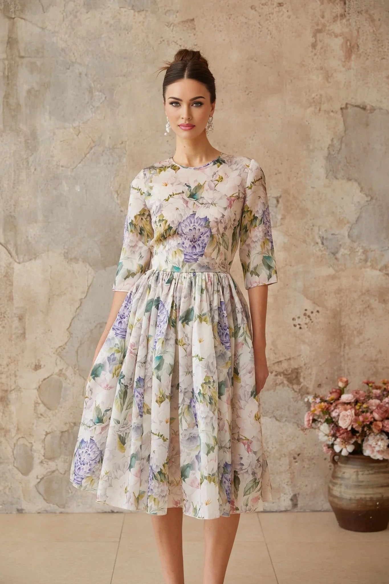 Marta Midi Dress Floral Print Shirred Flounce Hem Calf Length