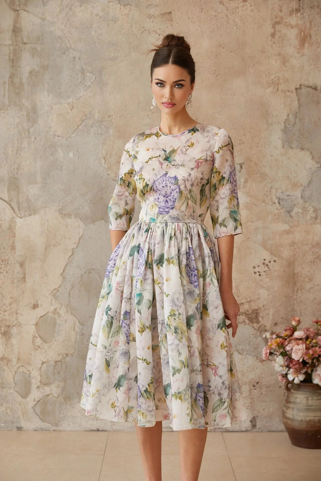 Marta Midi Dress Floral Print Shirred Flounce Hem Calf Length