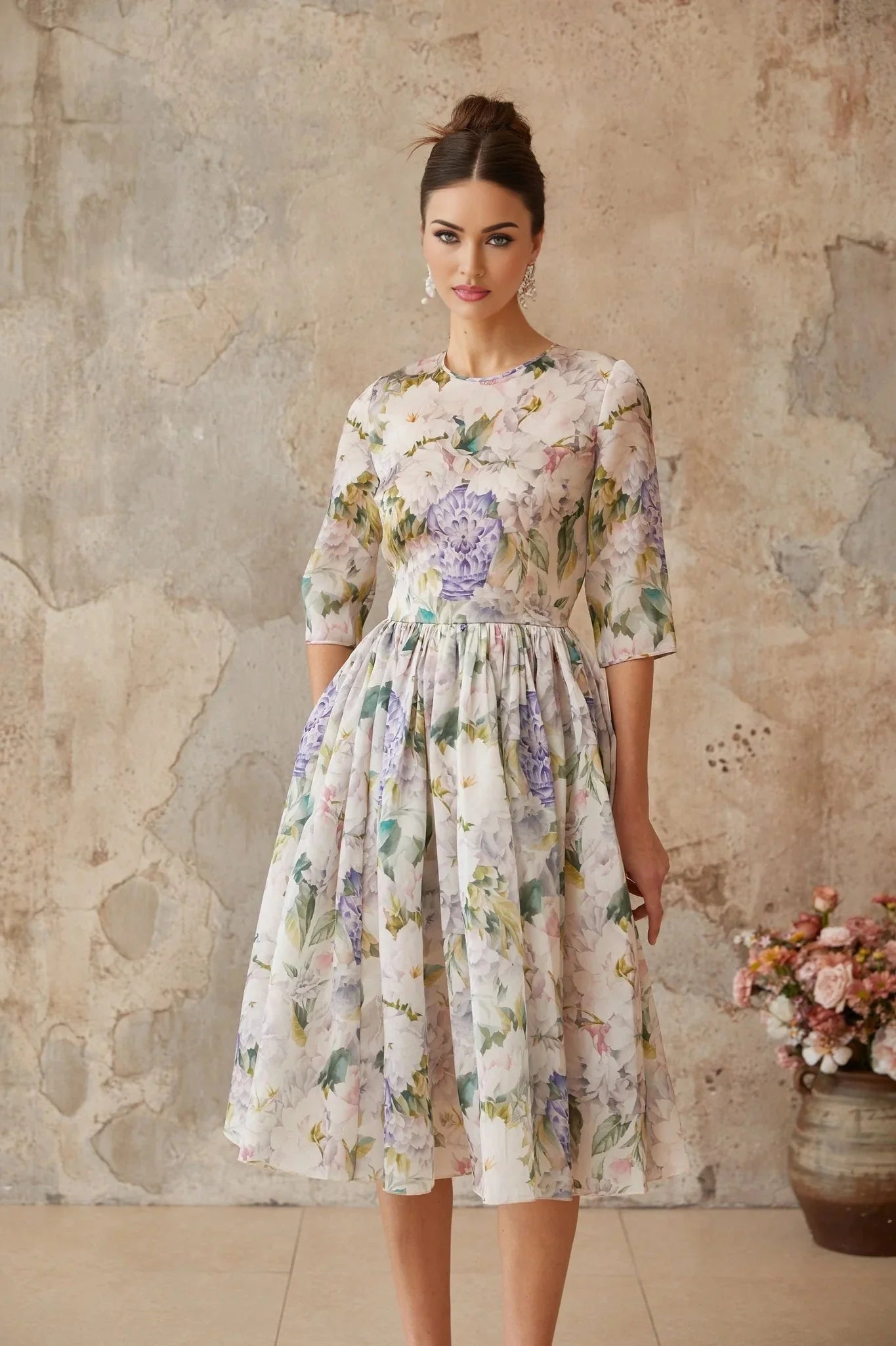 Marta Midi Dress Floral Print Shirred Flounce Hem Calf Length