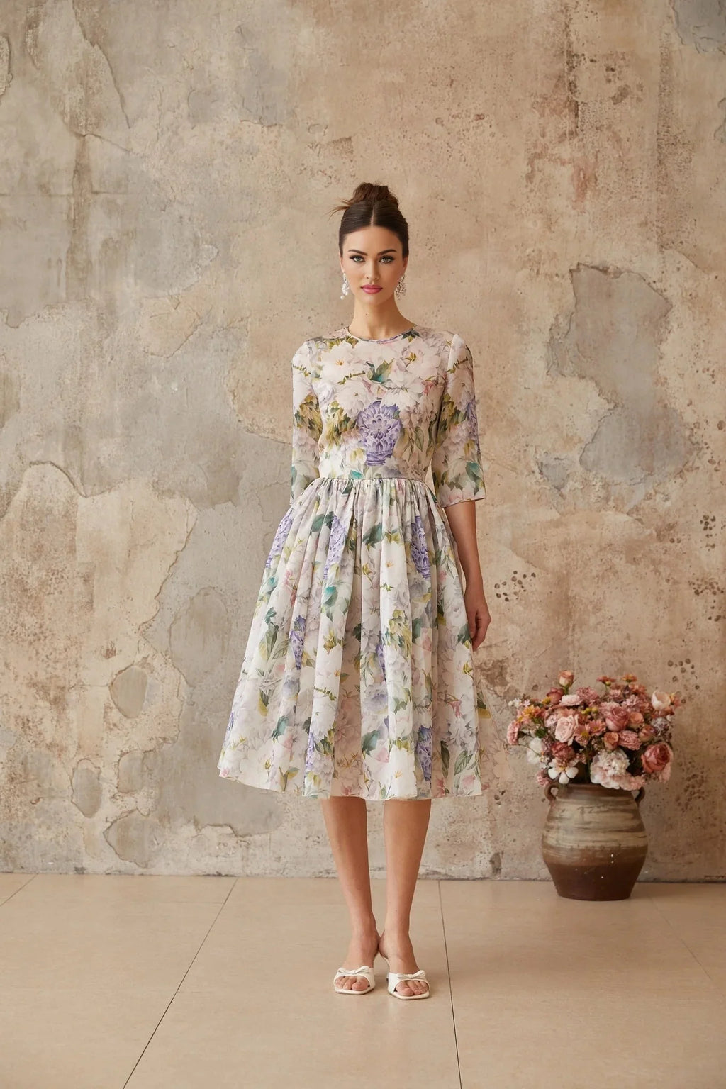 Marta Midi Dress Floral Print Shirred Flounce Hem Calf Length