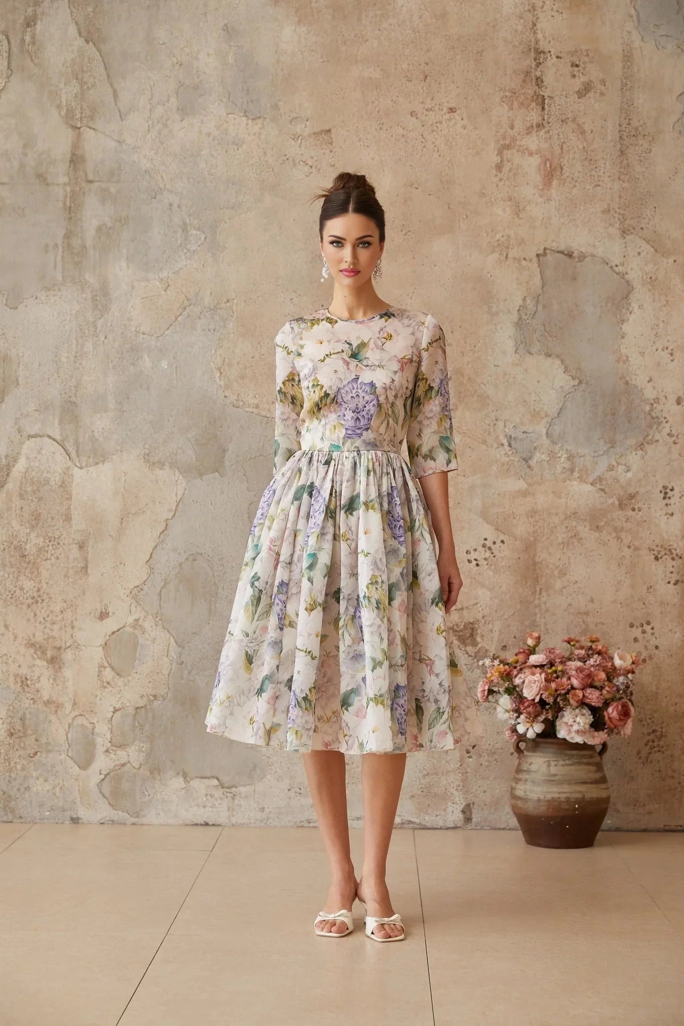 Marta Midi Dress Floral Print Shirred Flounce Hem Calf Length