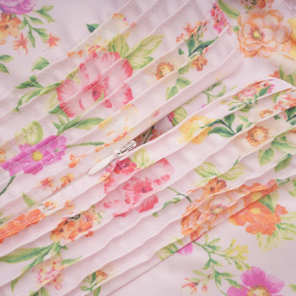 Marta Mini Dress Pink Floral Corset Pleat Tie Zip