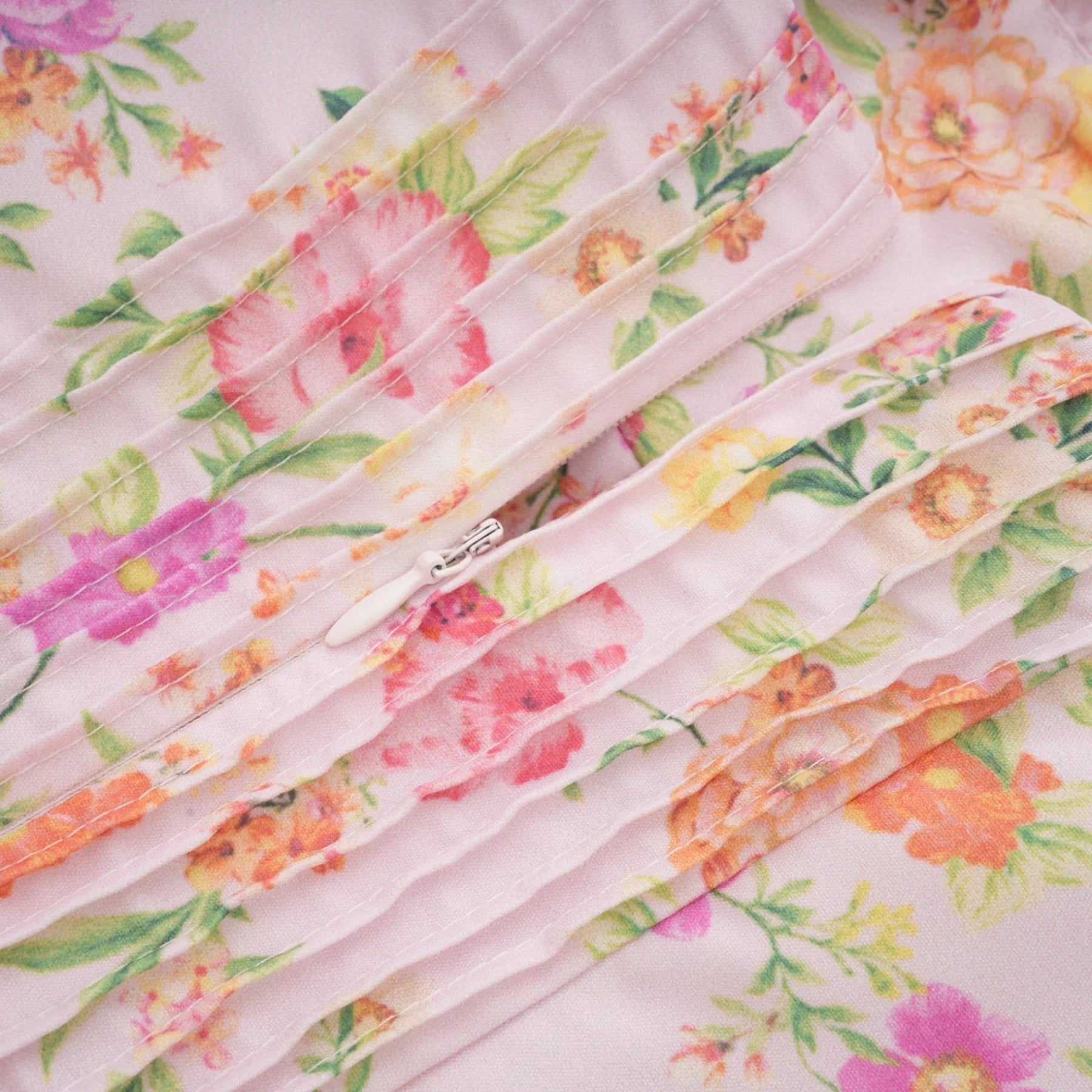 Marta Mini Dress Pink Floral Corset Pleat Tie Zip