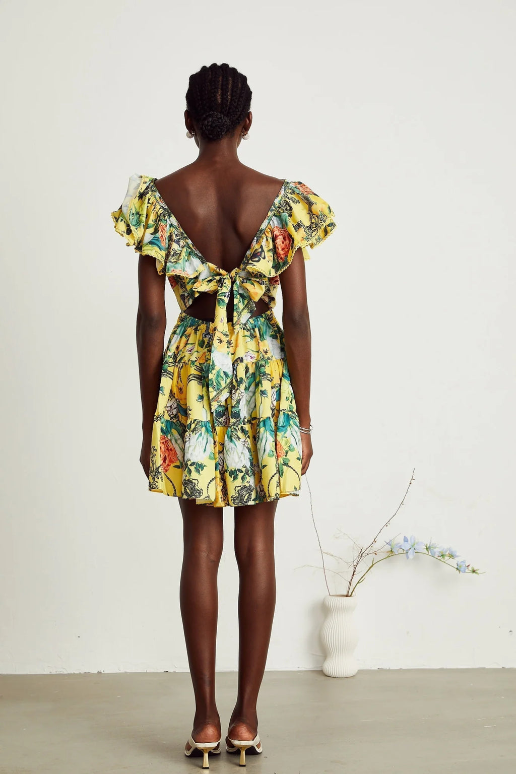 Marta Mini Dress Yellow Floral Ruffle Crystal Embellishments