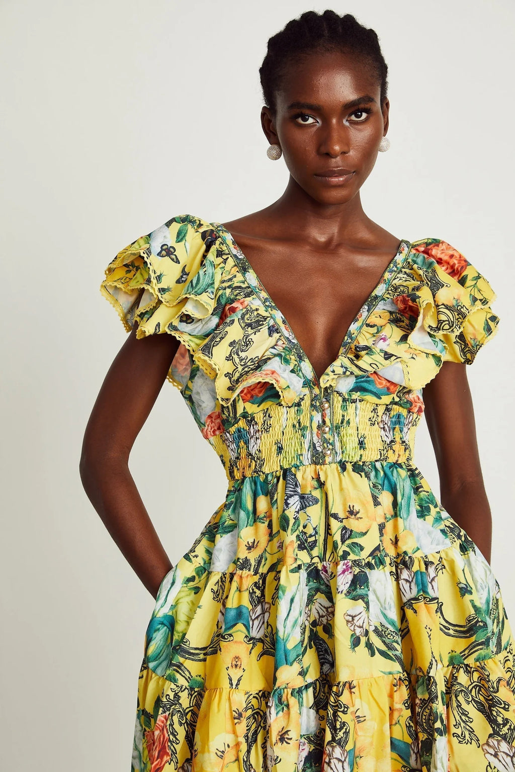 Marta Mini Dress Yellow Floral Ruffle Crystal Embellishments