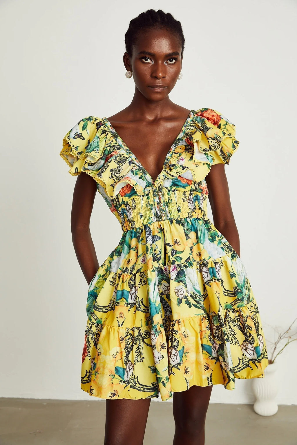 Marta Mini Dress Yellow Floral Ruffle Crystal Embellishments