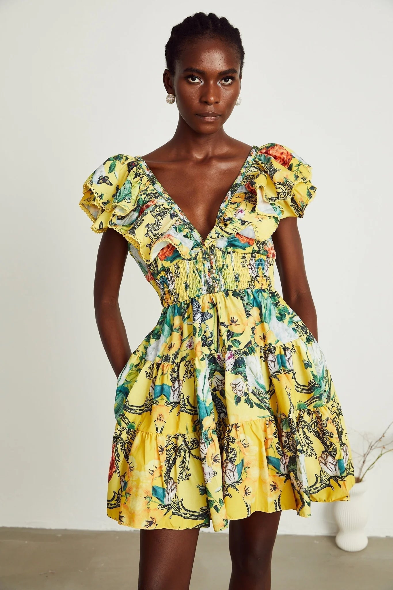 Marta Mini Dress Yellow Floral Ruffle Crystal Embellishments