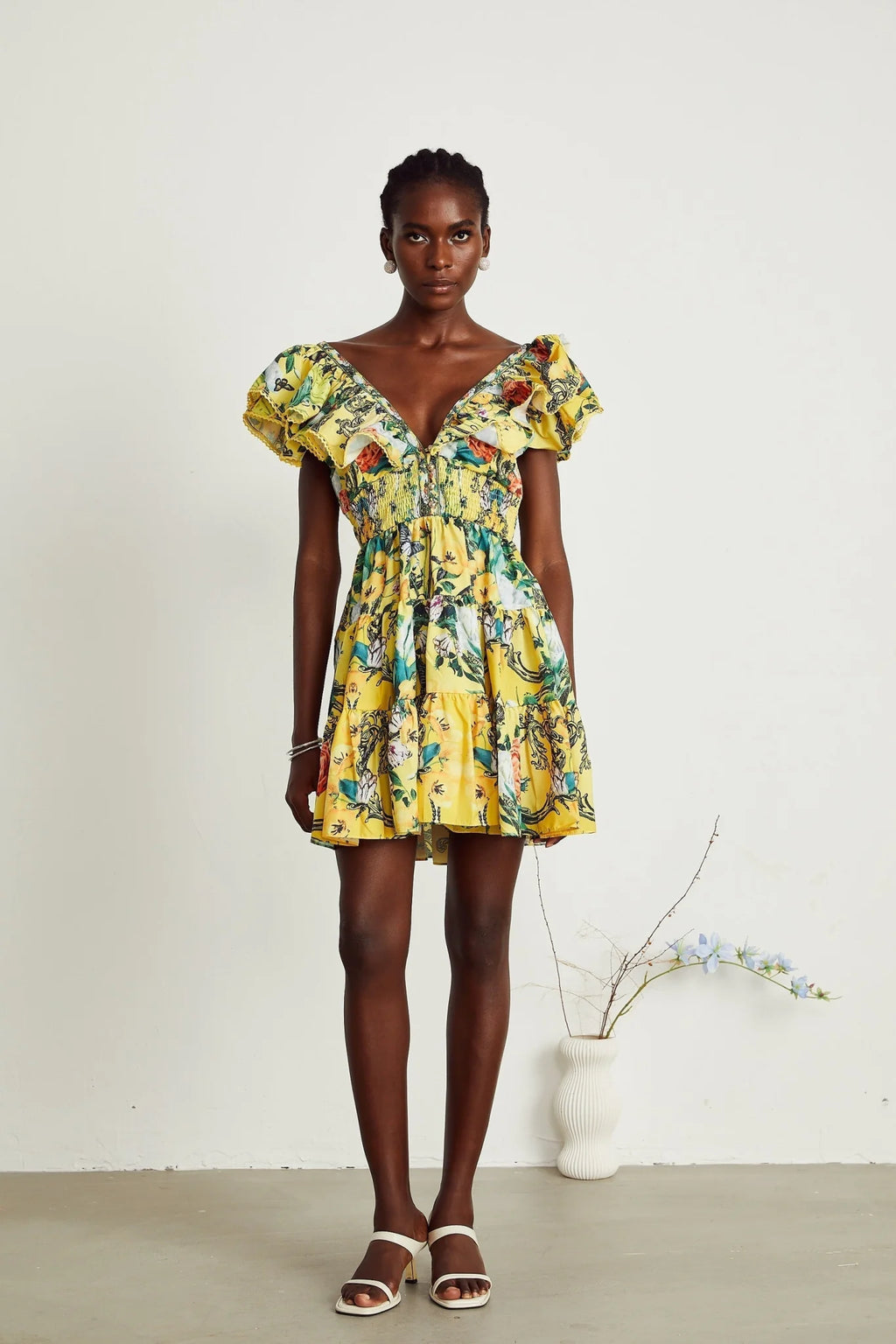 Marta Mini Dress Yellow Floral Ruffle Crystal Embellishments