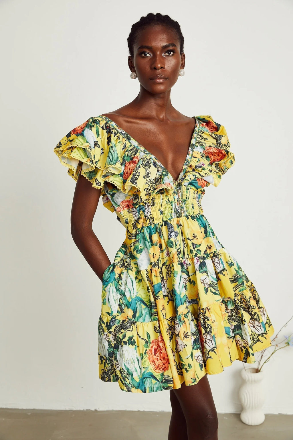 Marta Mini Dress Yellow Floral Ruffle Crystal Embellishments