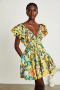 Marta Mini Dress Yellow Floral Ruffle Crystal Embellishments