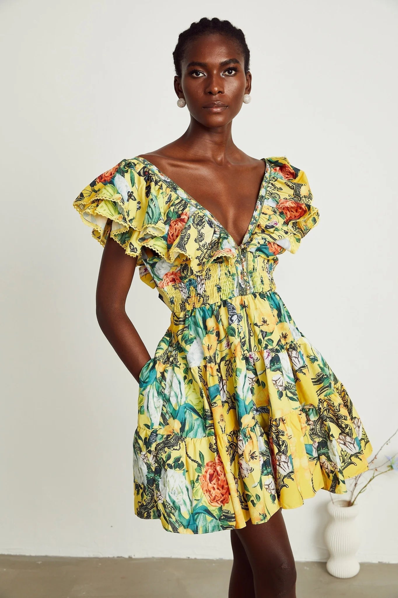 Marta Mini Dress Yellow Floral Ruffle Crystal Embellishments