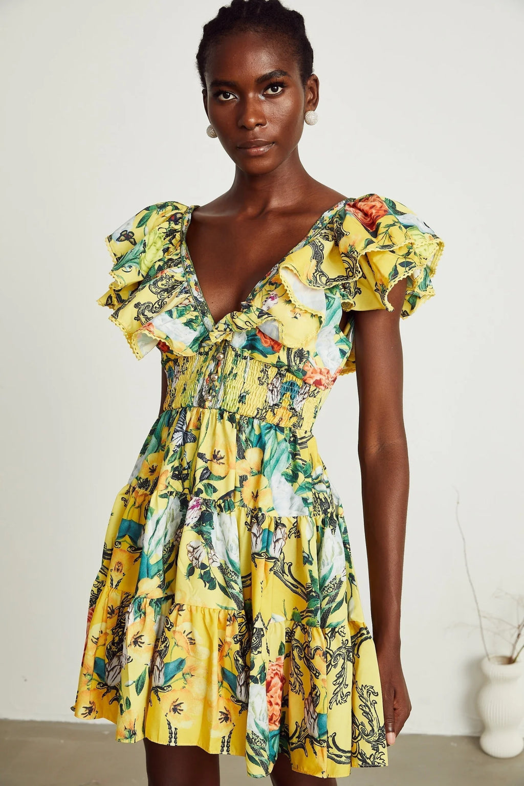 Marta Mini Dress Yellow Floral Ruffle Crystal Embellishments
