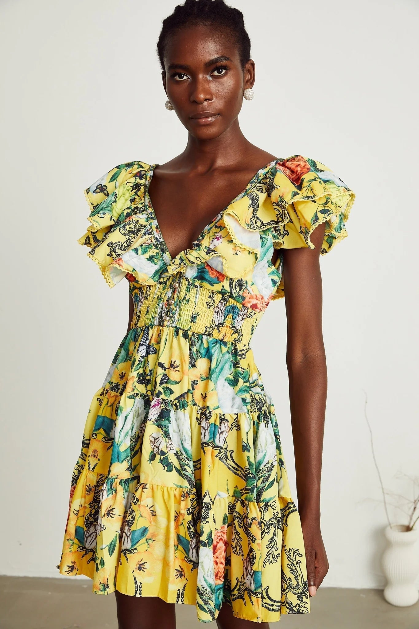 Marta Mini Dress Yellow Floral Ruffle Crystal Embellishments