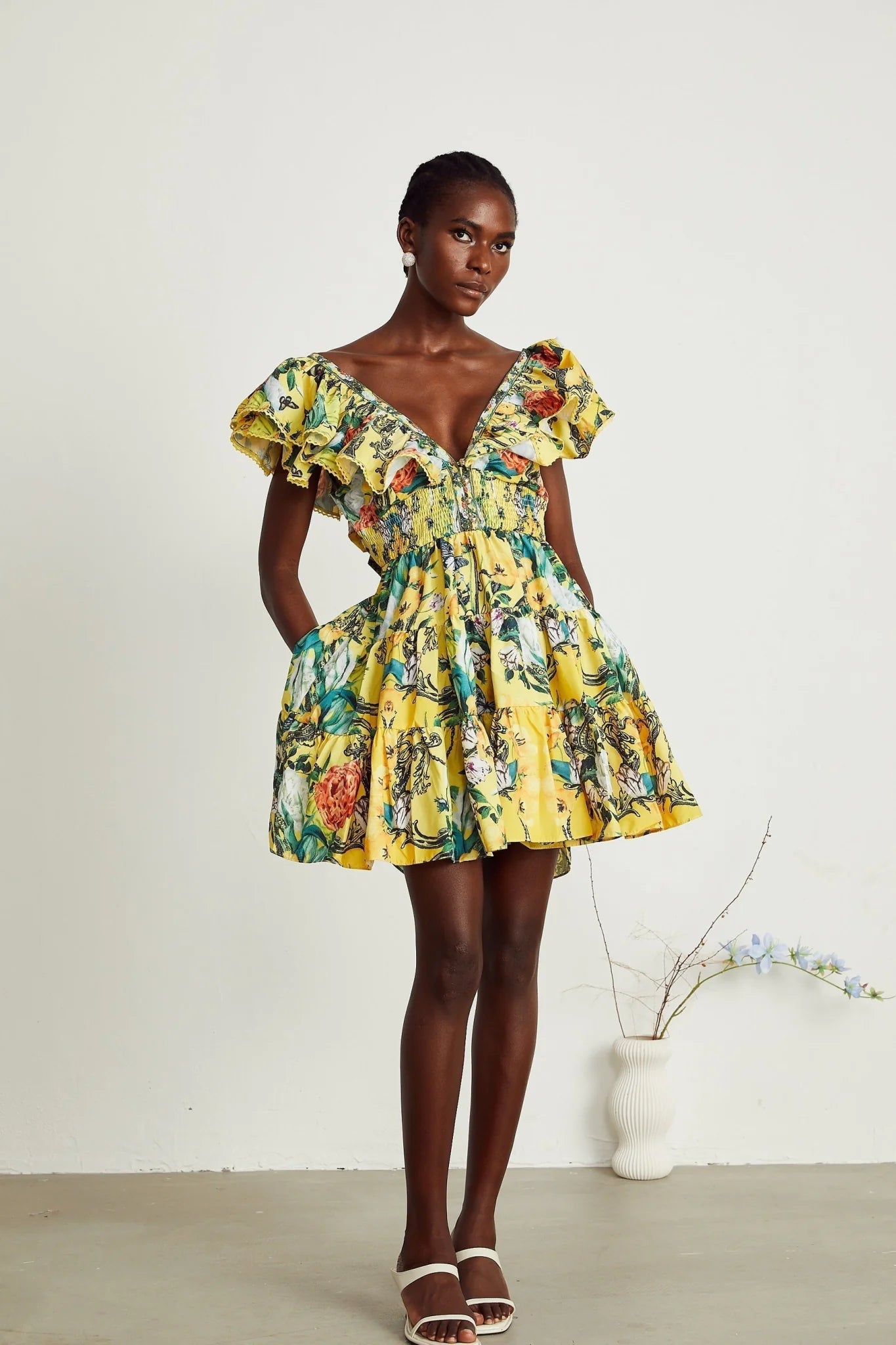 Marta Mini Dress Yellow Floral Ruffle Crystal Embellishments