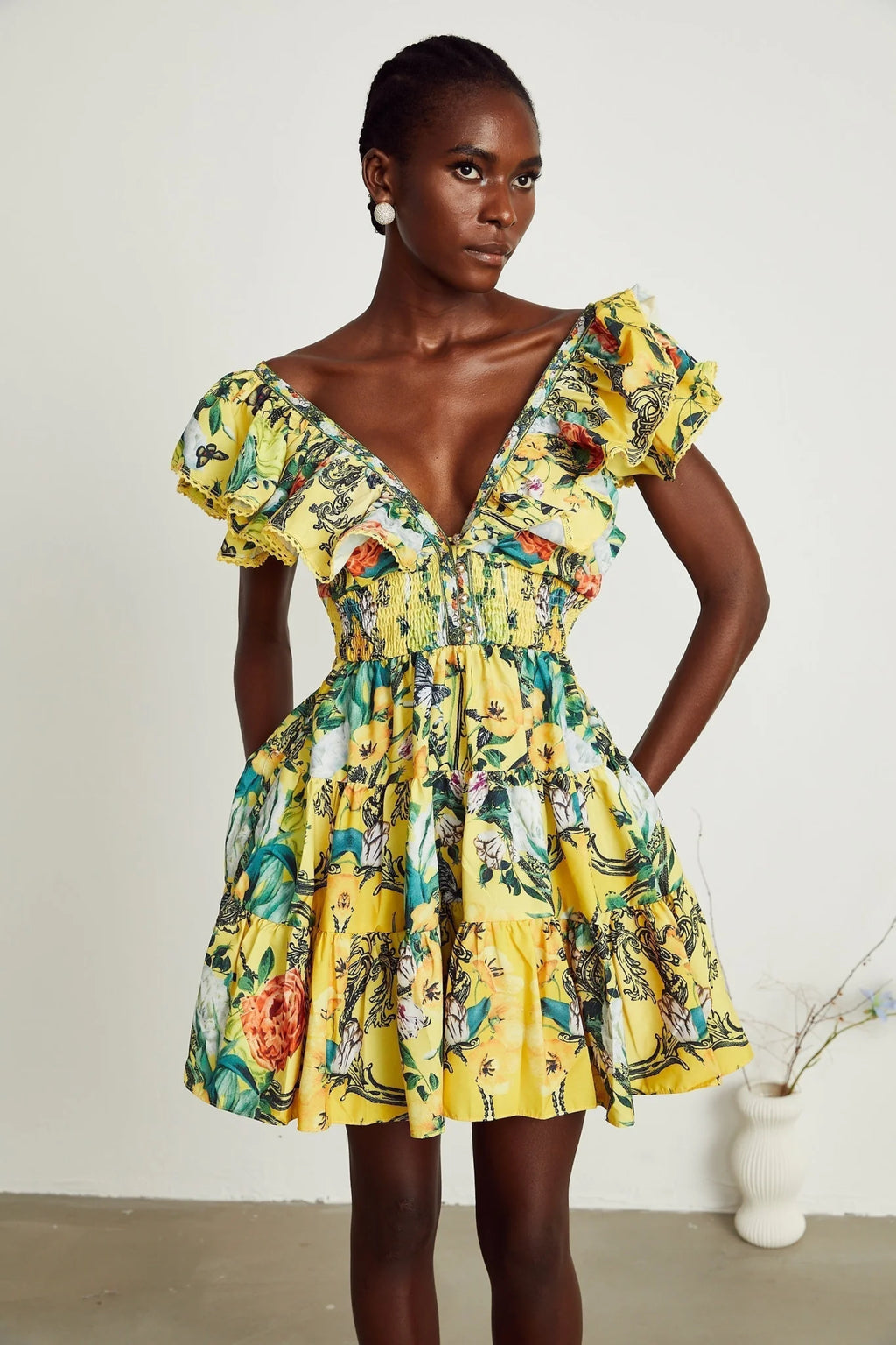 Marta Mini Dress Yellow Floral Ruffle Crystal Embellishments