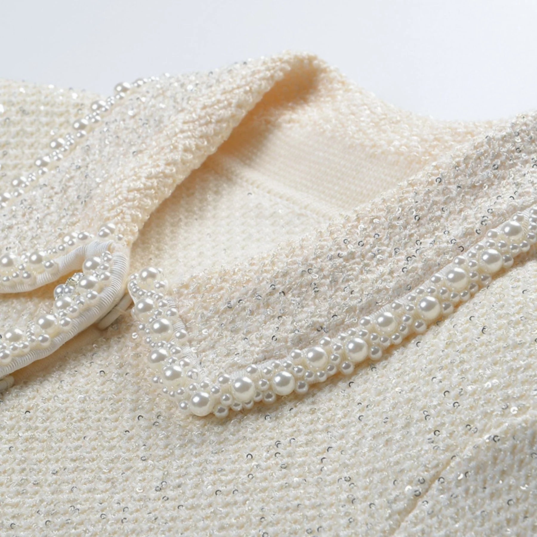 Martina Jacket White Cropped with Faux Pearl & Feather Trim