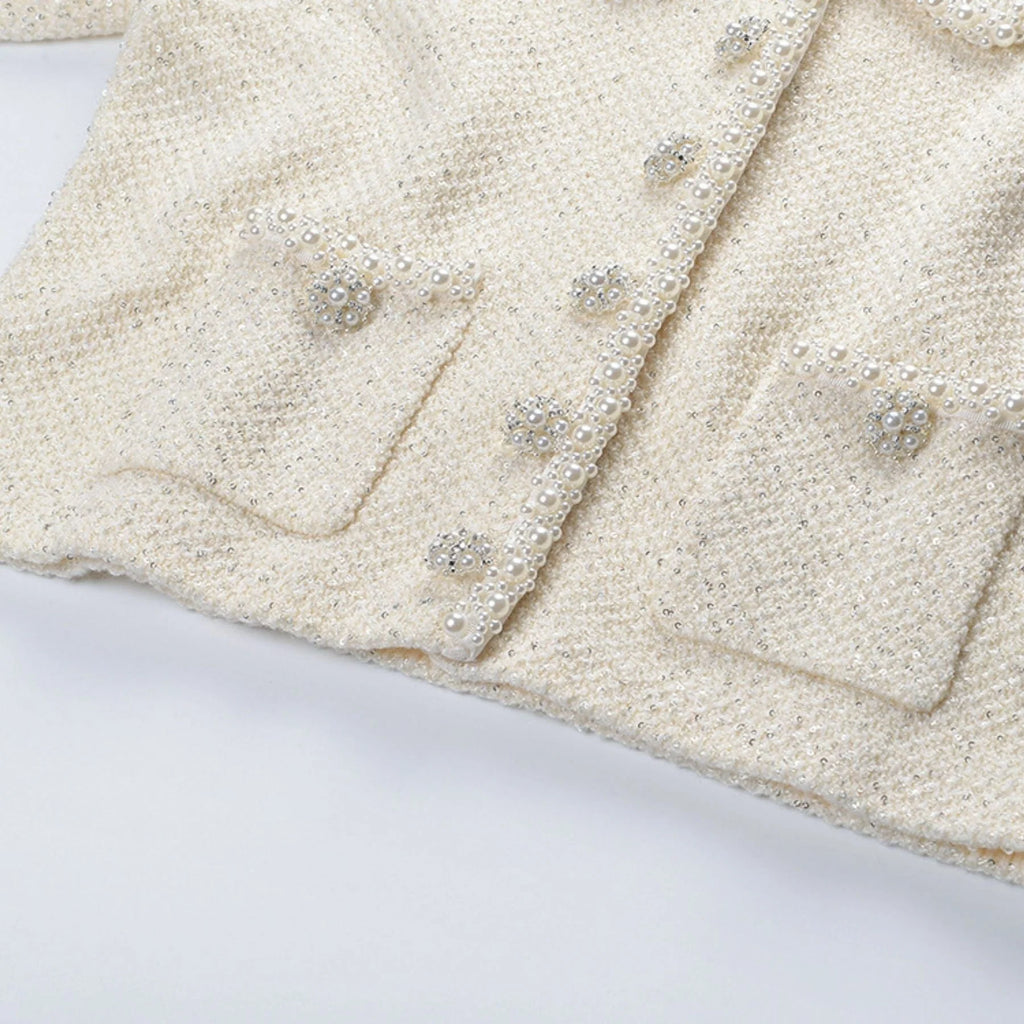 Martina Jacket White Cropped with Faux Pearl & Feather Trim