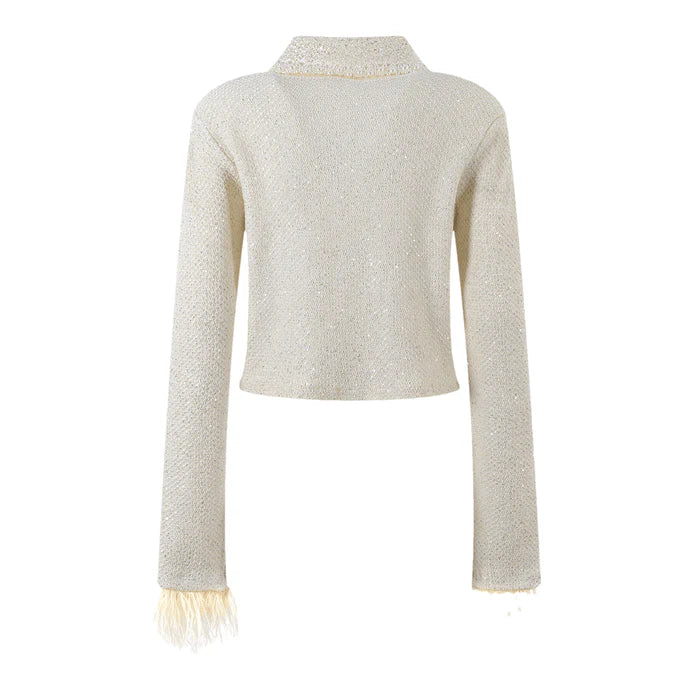 Martina Jacket White Cropped with Faux Pearl & Feather Trim