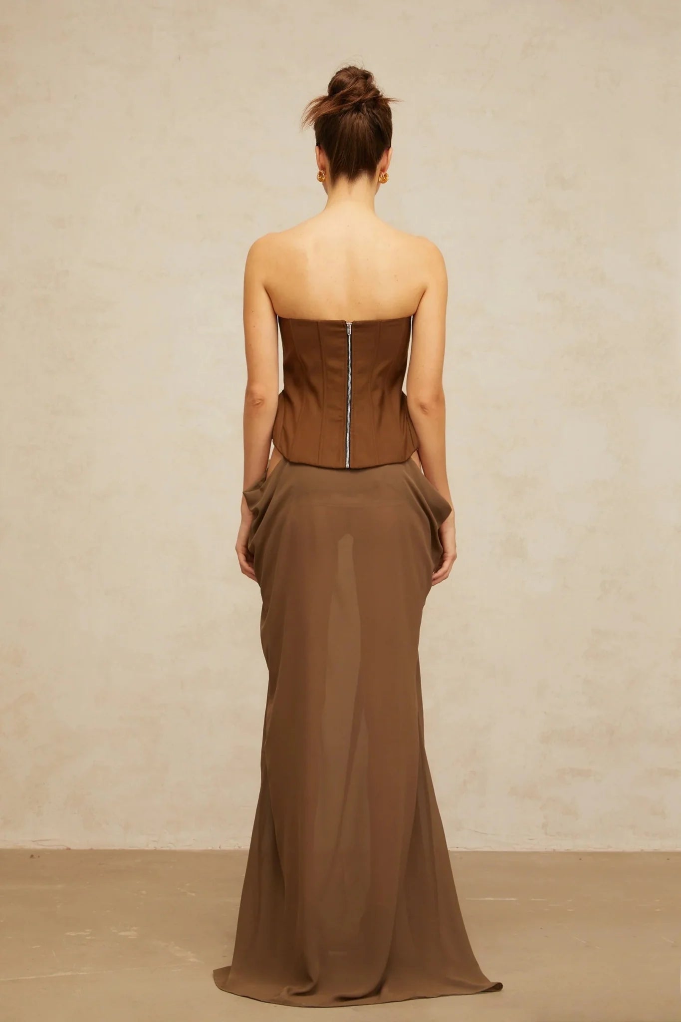 Martina Maxi Dress Brown Butterfly Pin Detail & Lace - Up Corset