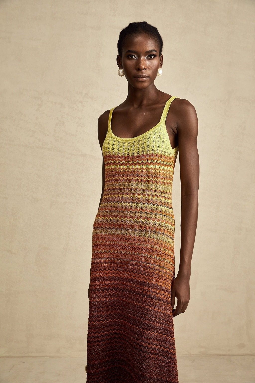 Martina Maxi Dress in Brown Gradient with Spaghetti Straps & Knitted Design