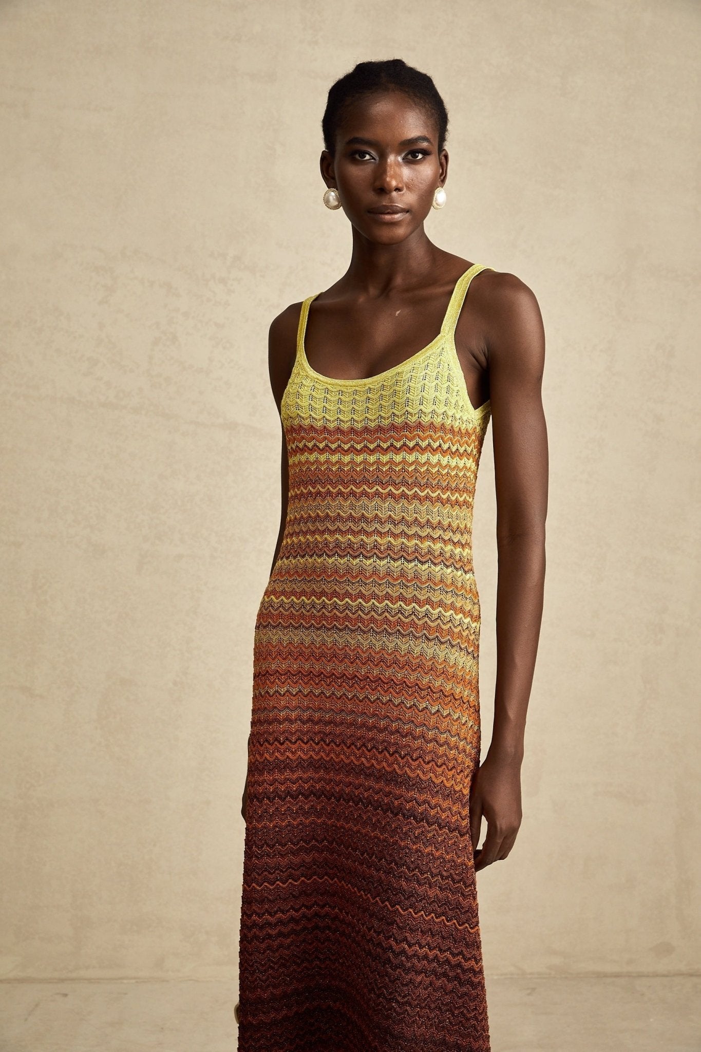 Martina Maxi Dress in Brown Gradient with Spaghetti Straps & Knitted Design
