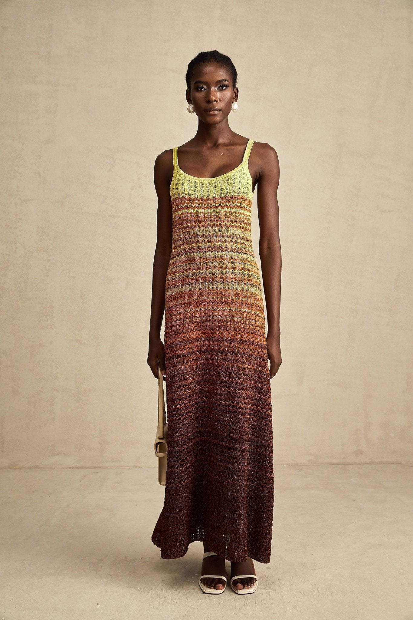 Martina Maxi Dress in Brown Gradient with Spaghetti Straps & Knitted Design