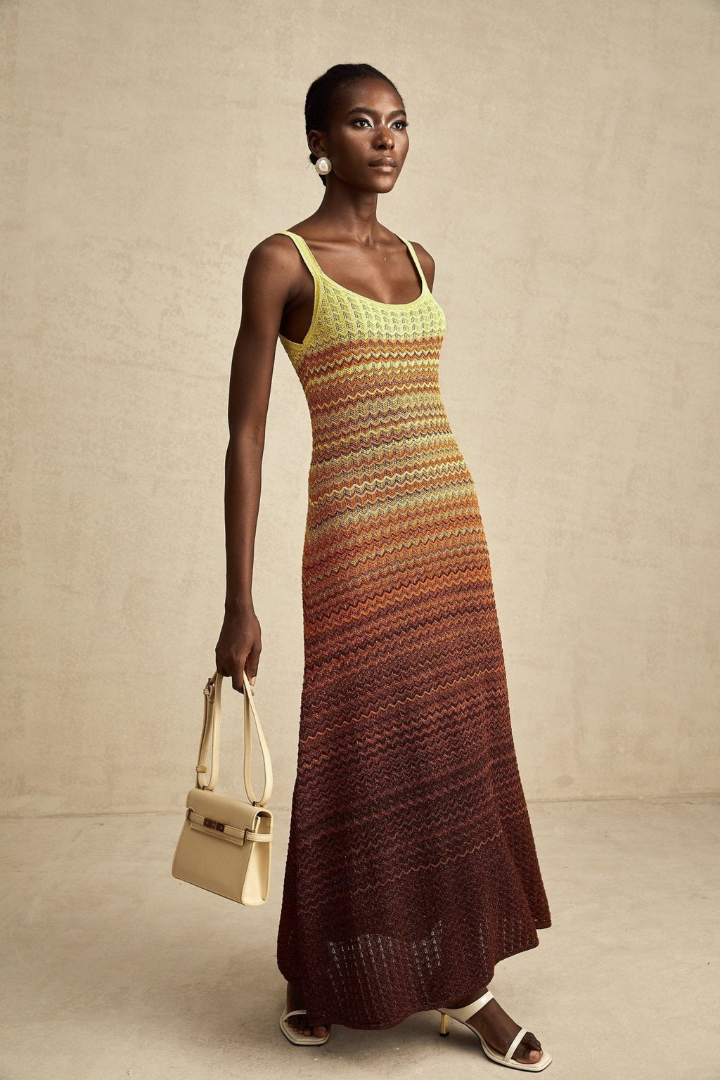 Martina Maxi Dress in Brown Gradient with Spaghetti Straps & Knitted Design