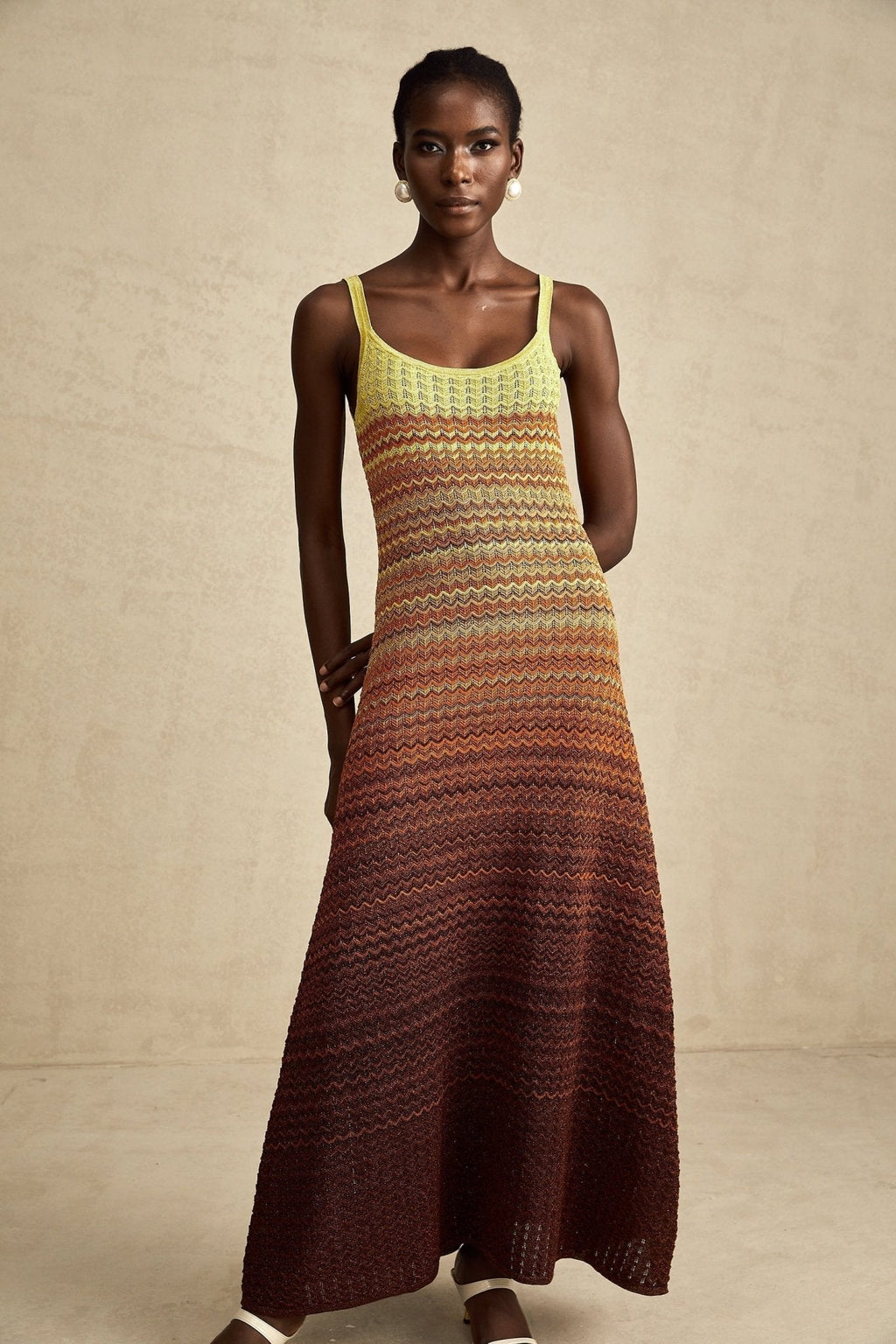 Martina Maxi Dress in Brown Gradient with Spaghetti Straps & Knitted Design