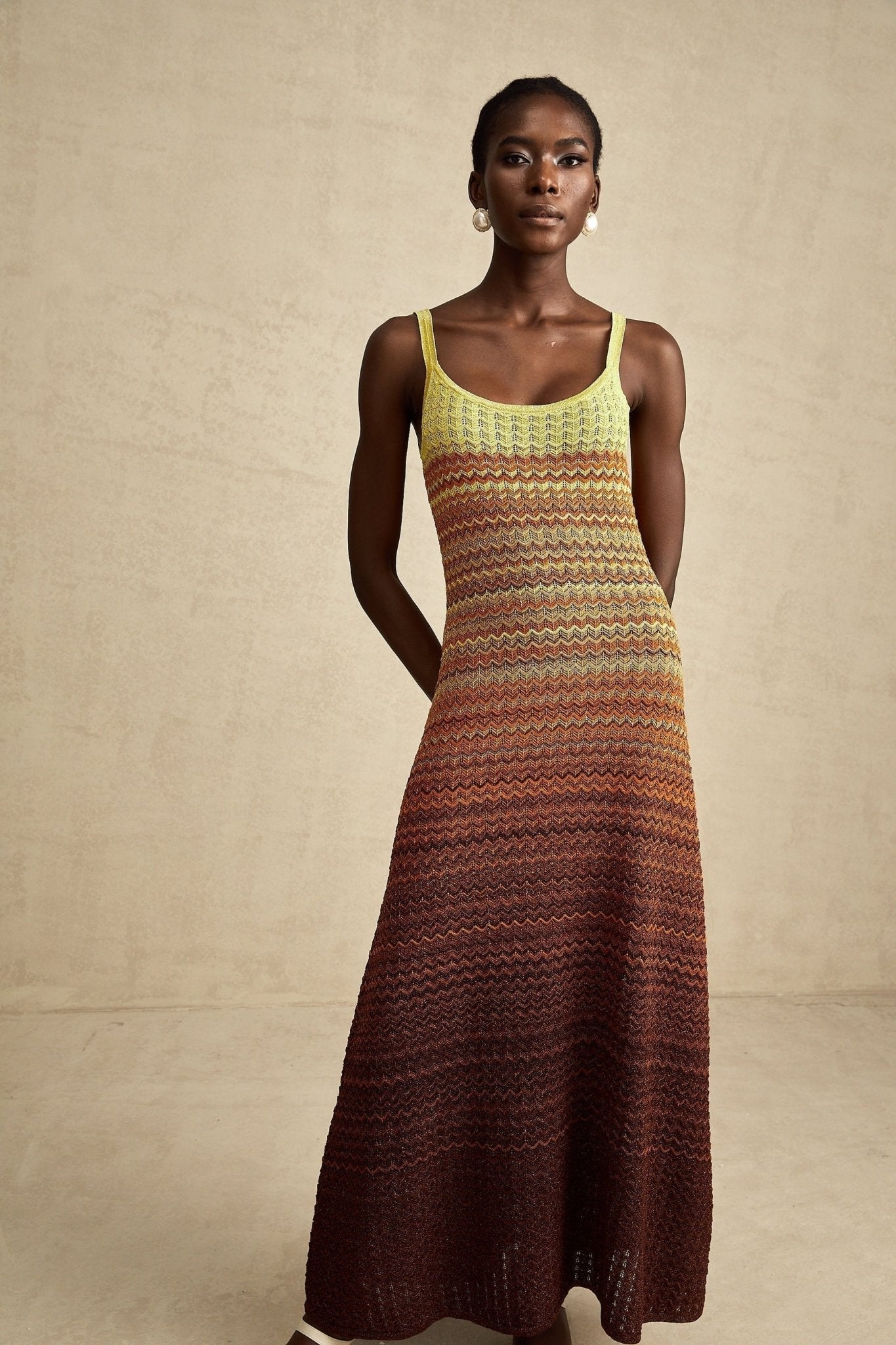 Martina Maxi Dress in Brown Gradient with Spaghetti Straps & Knitted Design