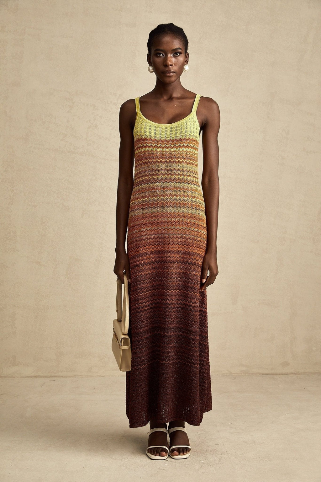 Martina Maxi Dress in Brown Gradient with Spaghetti Straps & Knitted Design