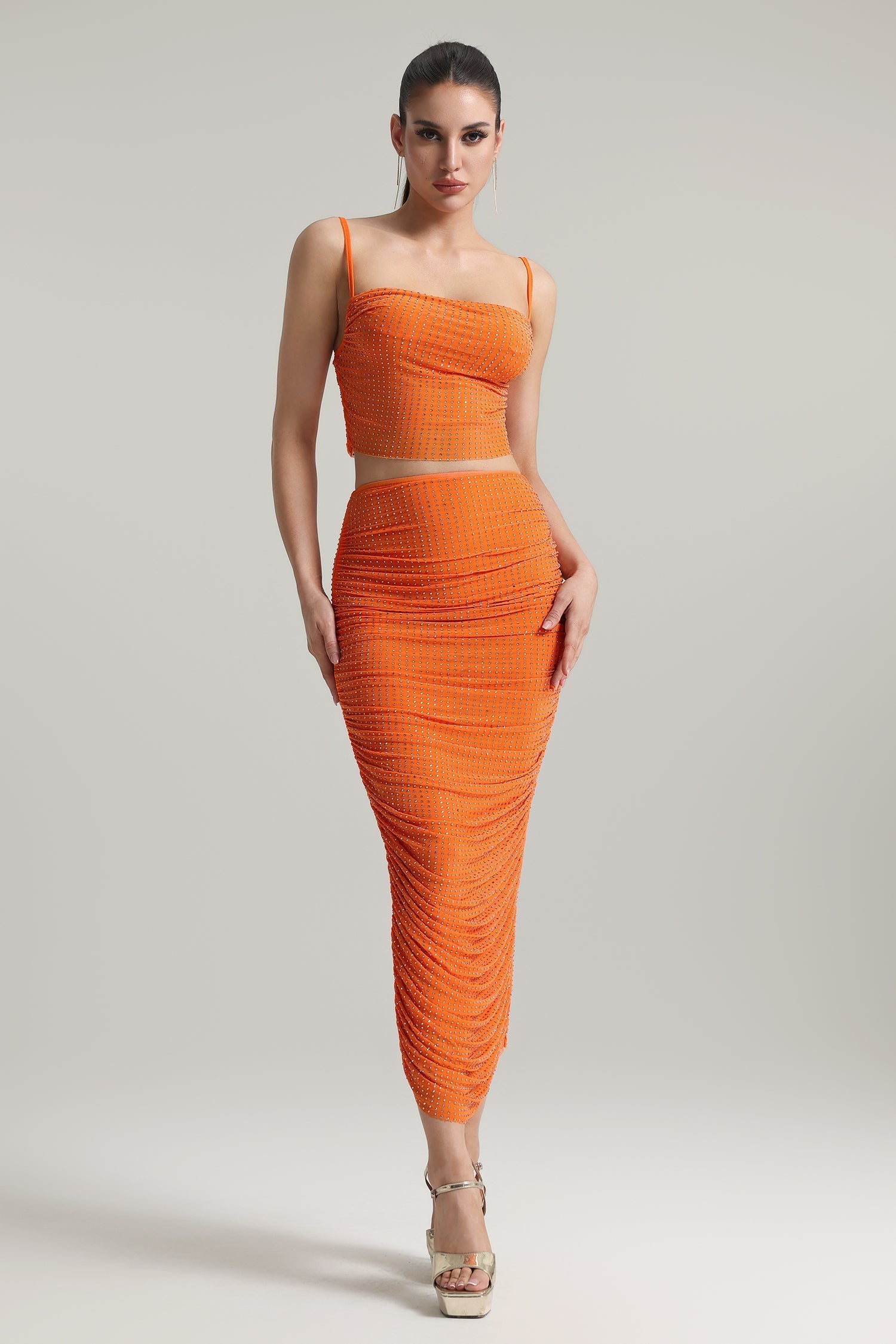 Martina Orange Two Piece Dress Set Rhinestone Detailing Ruched Skirt Elegant Allure