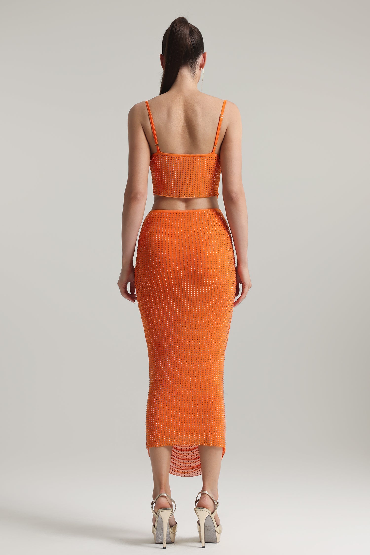Martina Orange Two Piece Dress with Rhinestone Embellishments