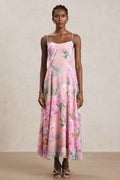 Martina Pink Floral Maxi Dress Halter Neckline Summer Events Casual Outings Lightweight Fabric Dancing Picnic Subtle Detailing Versatile Brunches Evening Gatherings Sandals Heels