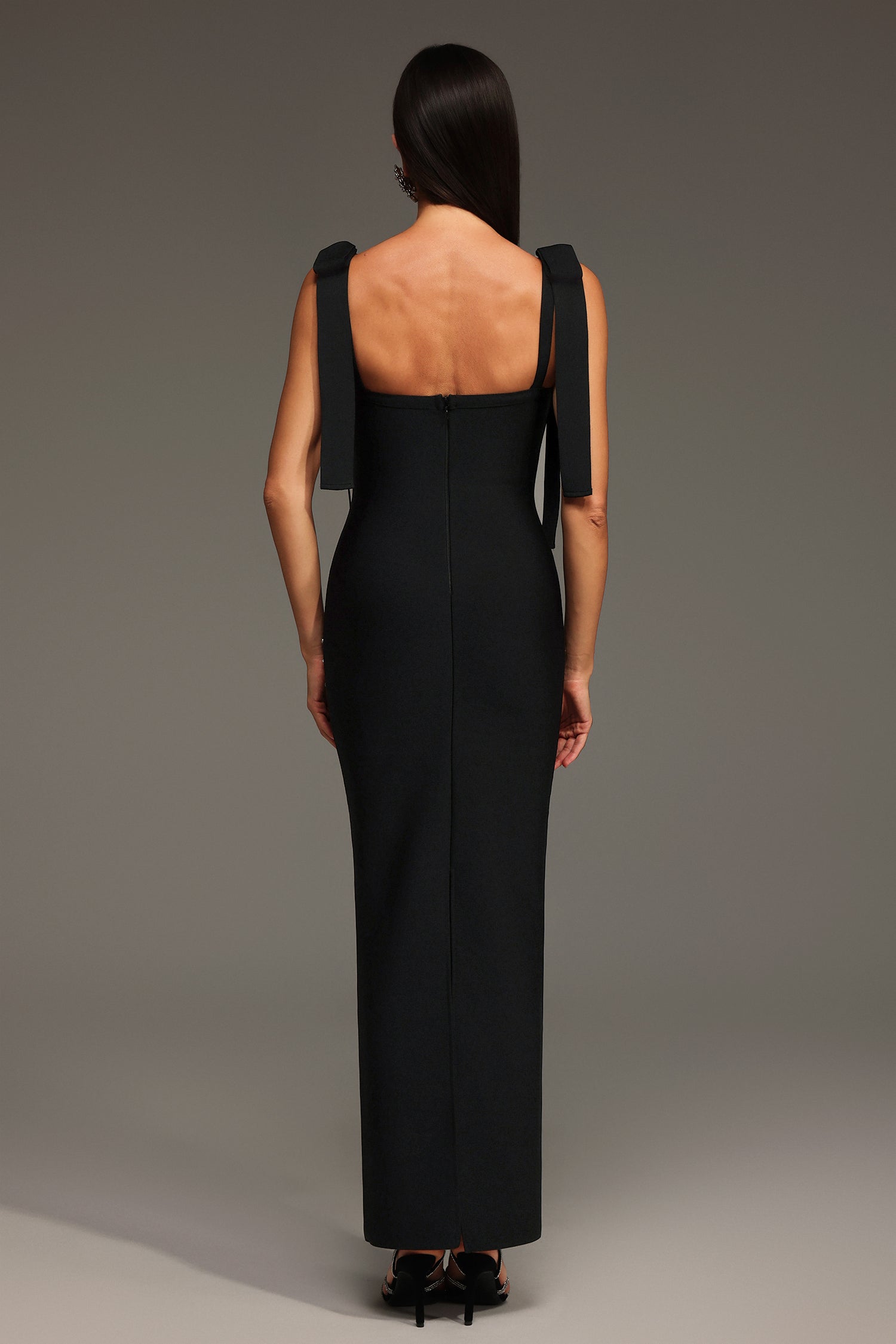Mary Black Sleeveless Maxi Dress with V-Neckline and Bow Detailing