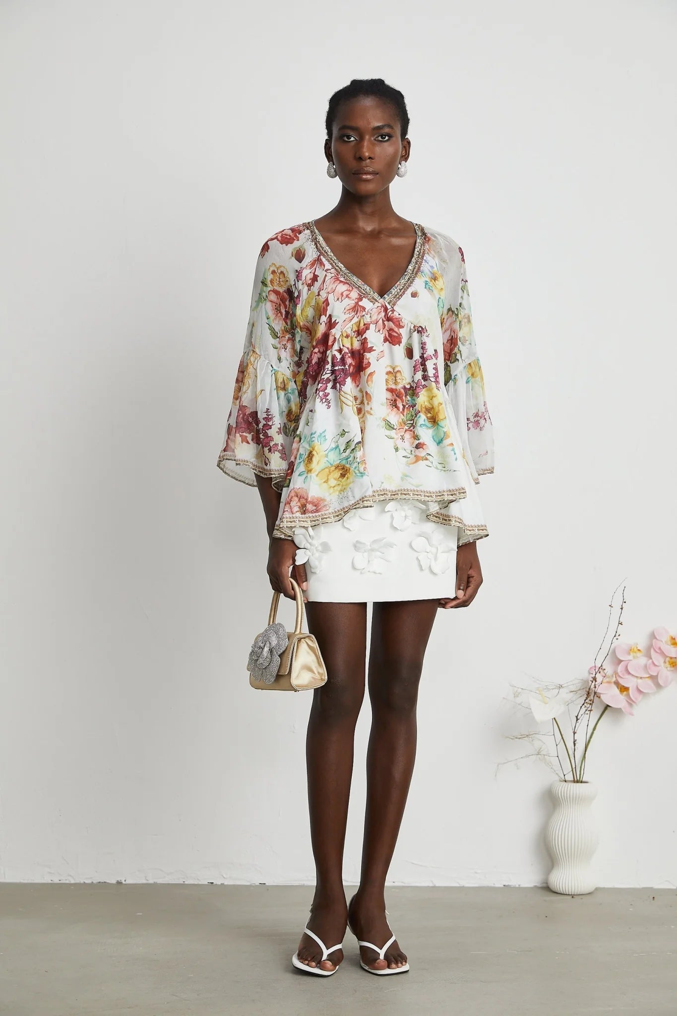 Mary Blouse with Floral Print & Crystal Embellishments