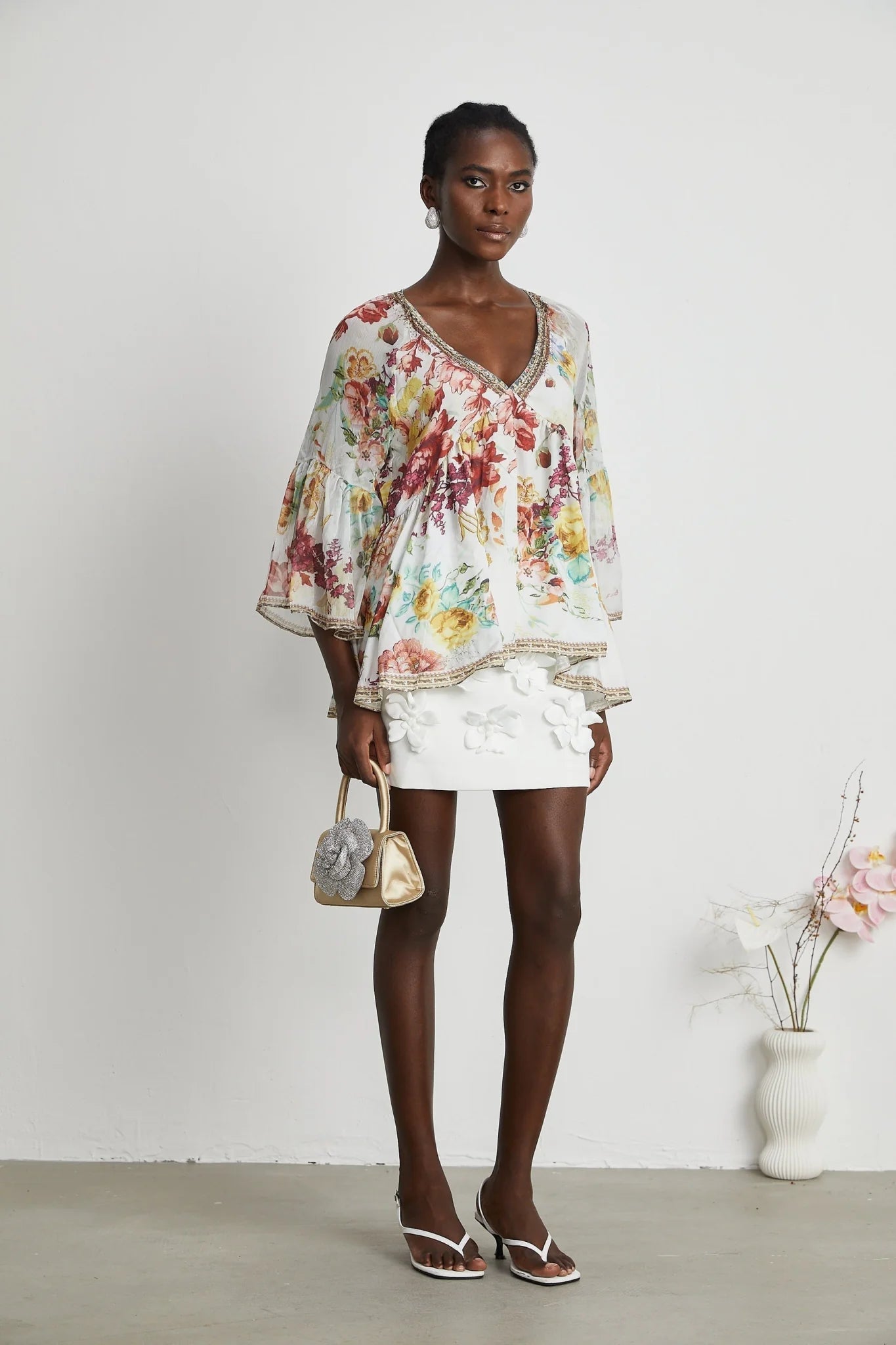 Mary Blouse with Floral Print & Crystal Embellishments