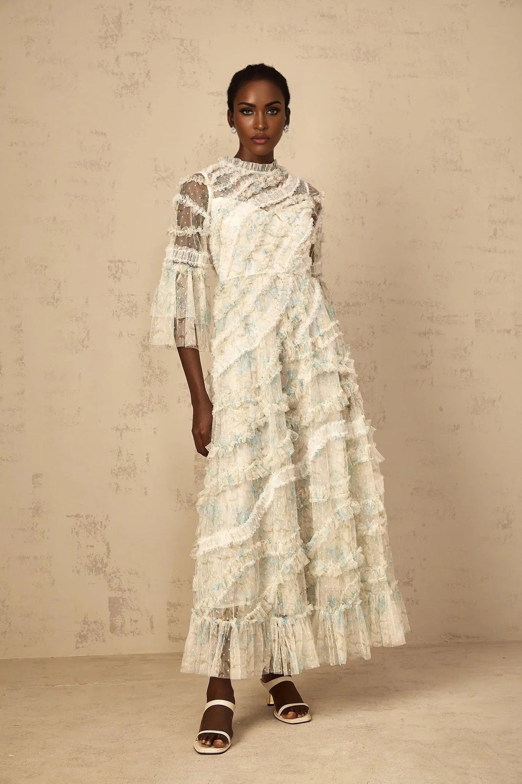 Mary Maxi Dress Blue Floral Ruffled Tulle Polka - dot Print
