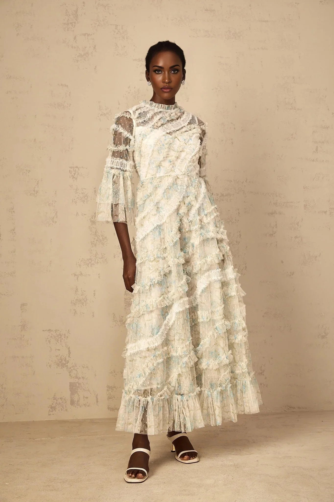Mary Maxi Dress Blue Floral Ruffled Tulle Polka - dot Print