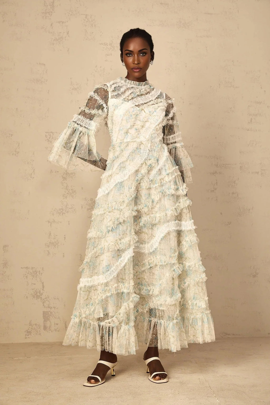 Mary Maxi Dress Blue Floral Ruffled Tulle Polka - dot Print